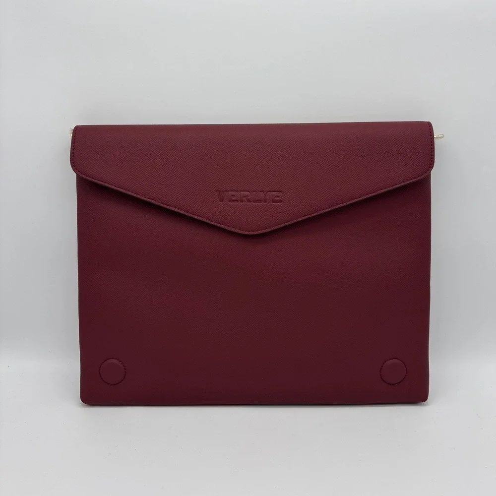 Verlye Burgundy Saffiano Vegan Leather Envelope Clutch Laptop Sleeve Bag Maroon